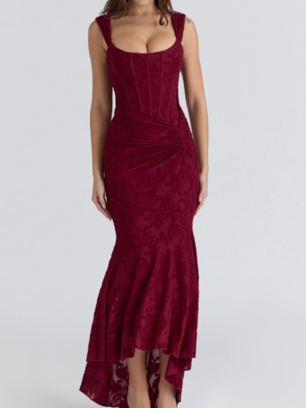 HOUSE OF CB CESCA Wine Floral Lace Corset Maxi Dress SIZE L REGULAR CUP